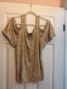 JM Collection Leopard Print Cold-Shoulder Blouse in Brown and Cream